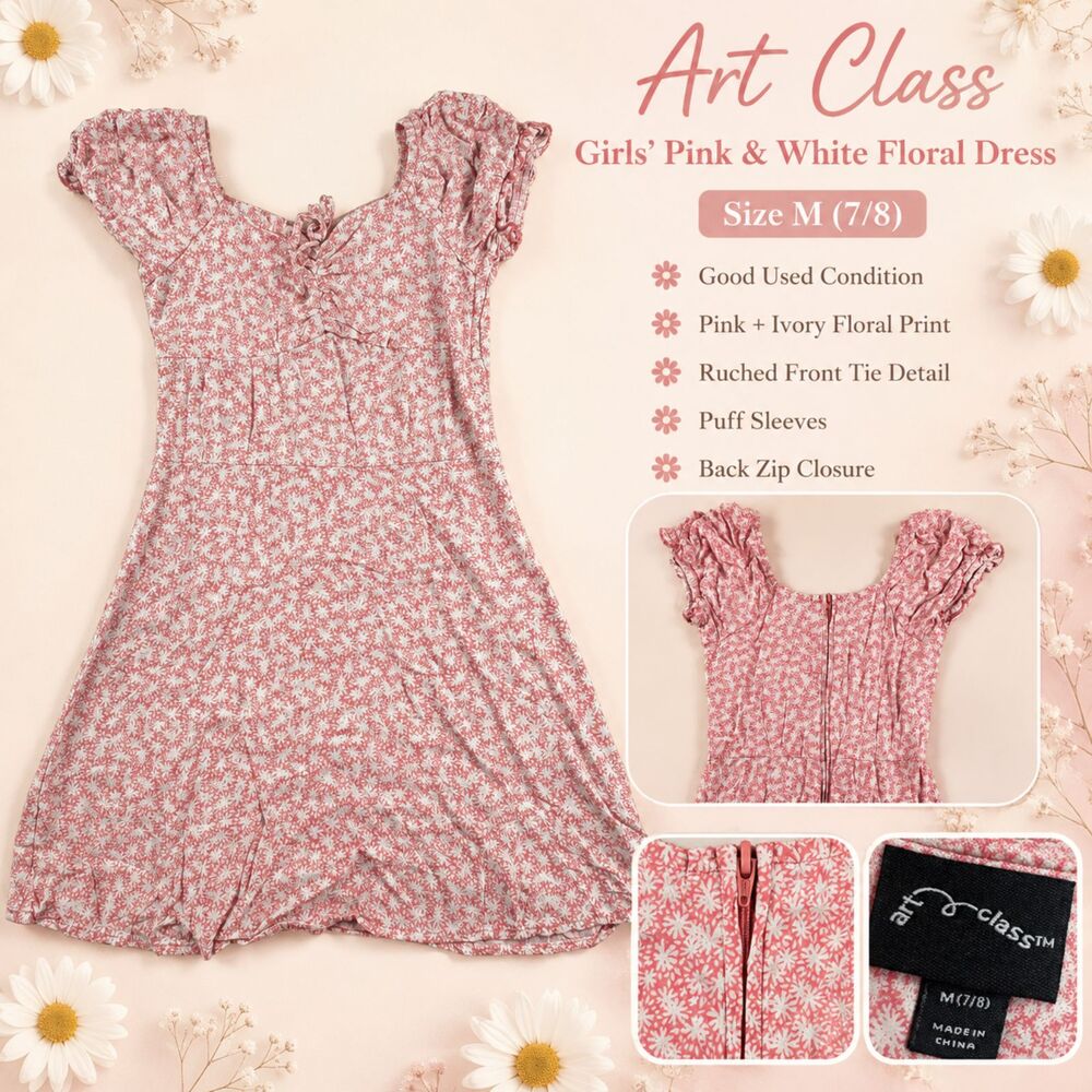 Art Class Girls M 7/8 Pink White Floral Puff Sleeve Ruched Dress